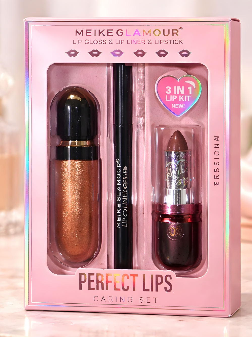 Glamour 3-in-1 Lip Kit in Shimmery Copper & Rose. Lipstick, Lipgloss, Liner